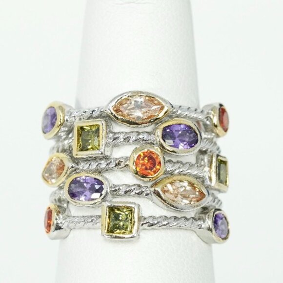 Vintage Jewelry - Vintage Sterling Silver Rope Ring Precious Stones Size 8